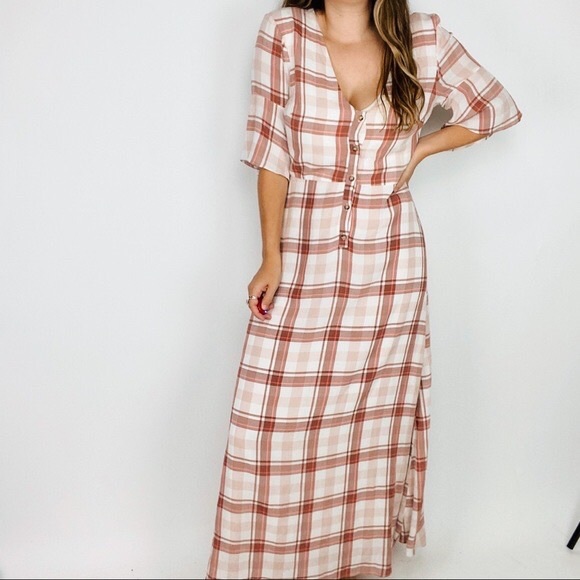 Urban Outfitters Wear Everywhere Plaid Button-Down V-Neck Maxi Dress - Picture 5 of 16